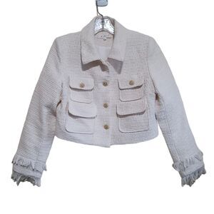 Niwiy Women's Cream Tweed Fringe Jacket with Pockets